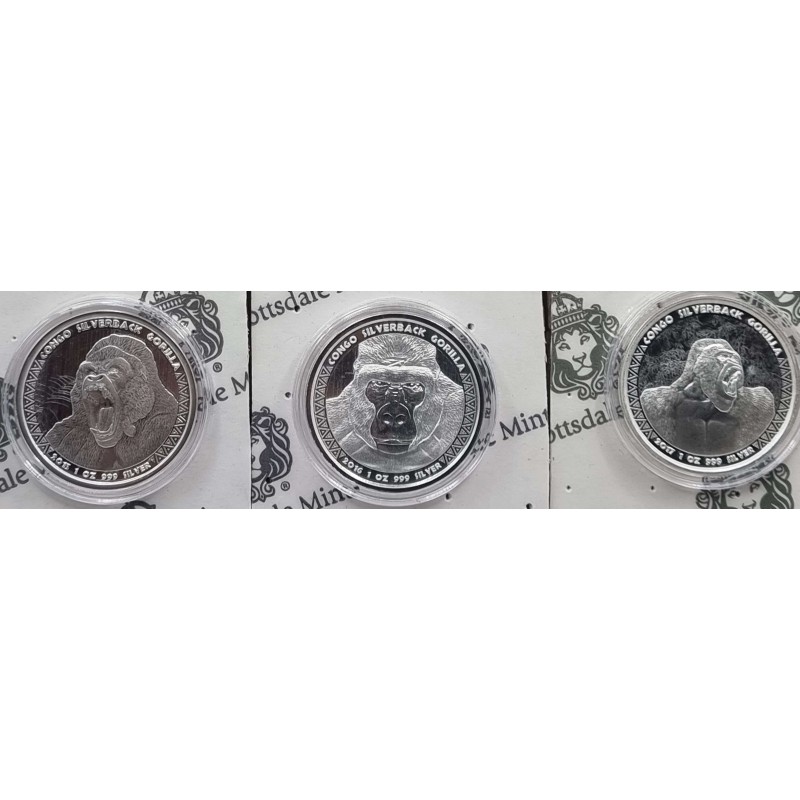 CONGO GORILLA SET OF 6 SILVER 1 OZ COINS 2015 - 2020 Scottsdale Mint GOLD AND SILVER BULLION