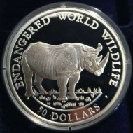Cook Islands 1990 Endangered wildlife Rhino 50 $ Silver Proof Cameo