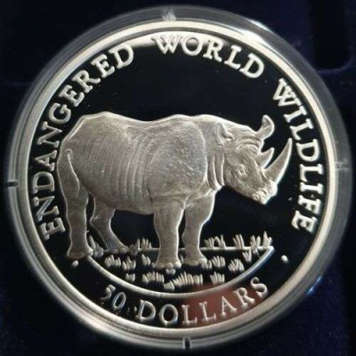 Cook Islands 1990 Endangered wildlife Rhino 50 $ Silver Proof Cameo