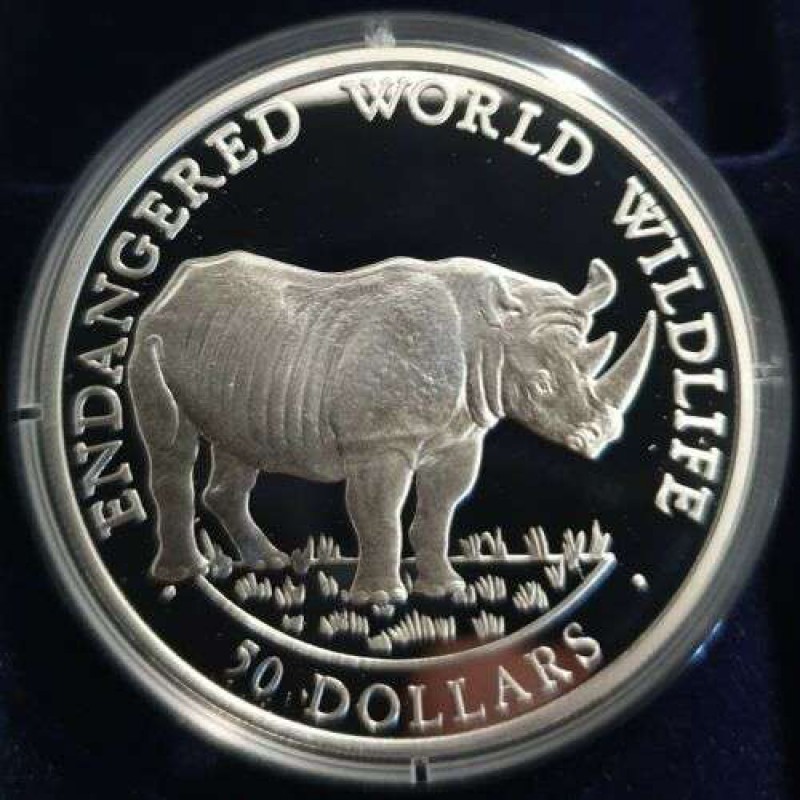 Cook Islands 1990 Endangered wildlife Rhino 50 $ Silver Proof Cameo WORLD COINS